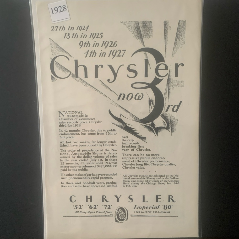 Vintage 1928 Chrysler Now 3rd Sales Records Ad Advertisement
